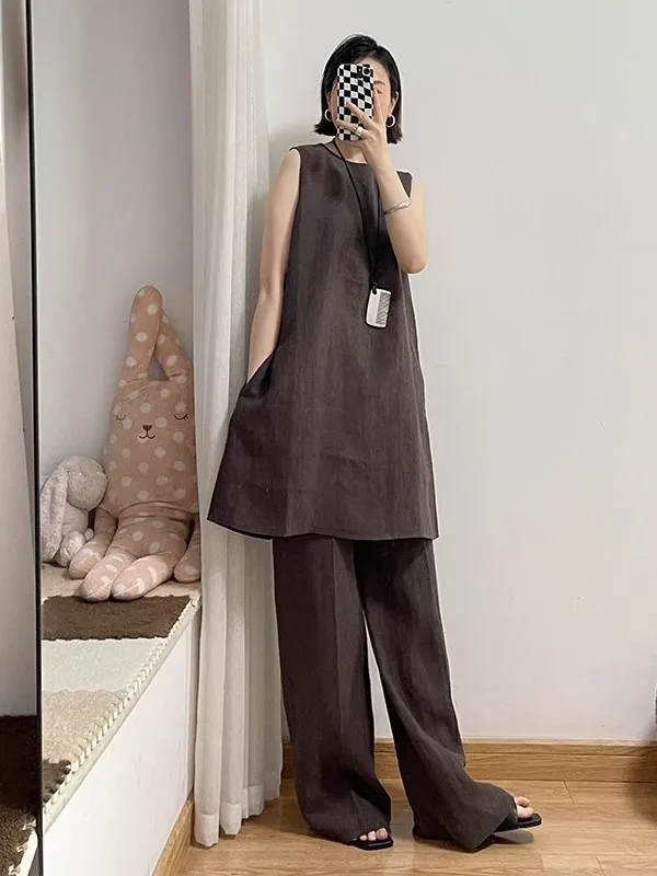 

Faionable Loose Summer Outfit Cotton Linen Two-Piece Set with Vest Skirt Wide Leg Pants Relaxing Sle Chinese Brand