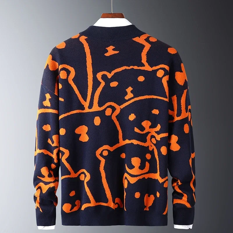 Men Autumn Casual Sweaters Polar Bear Pattern Trendy Oversize Sweaters Cotton Long Sleeve Round Collar Male Warm Pullover Orange