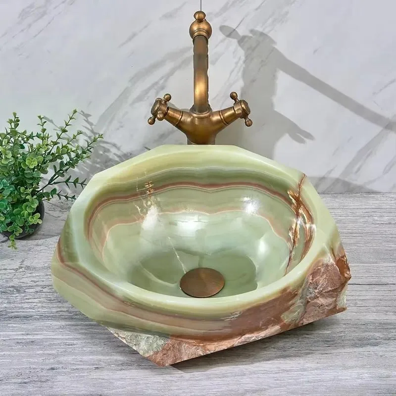 Unique Green Jade Bathroom Sink Natural Stone Marble Wash Basin Artistic Countertop Vessel Sink for Modern Home Decor