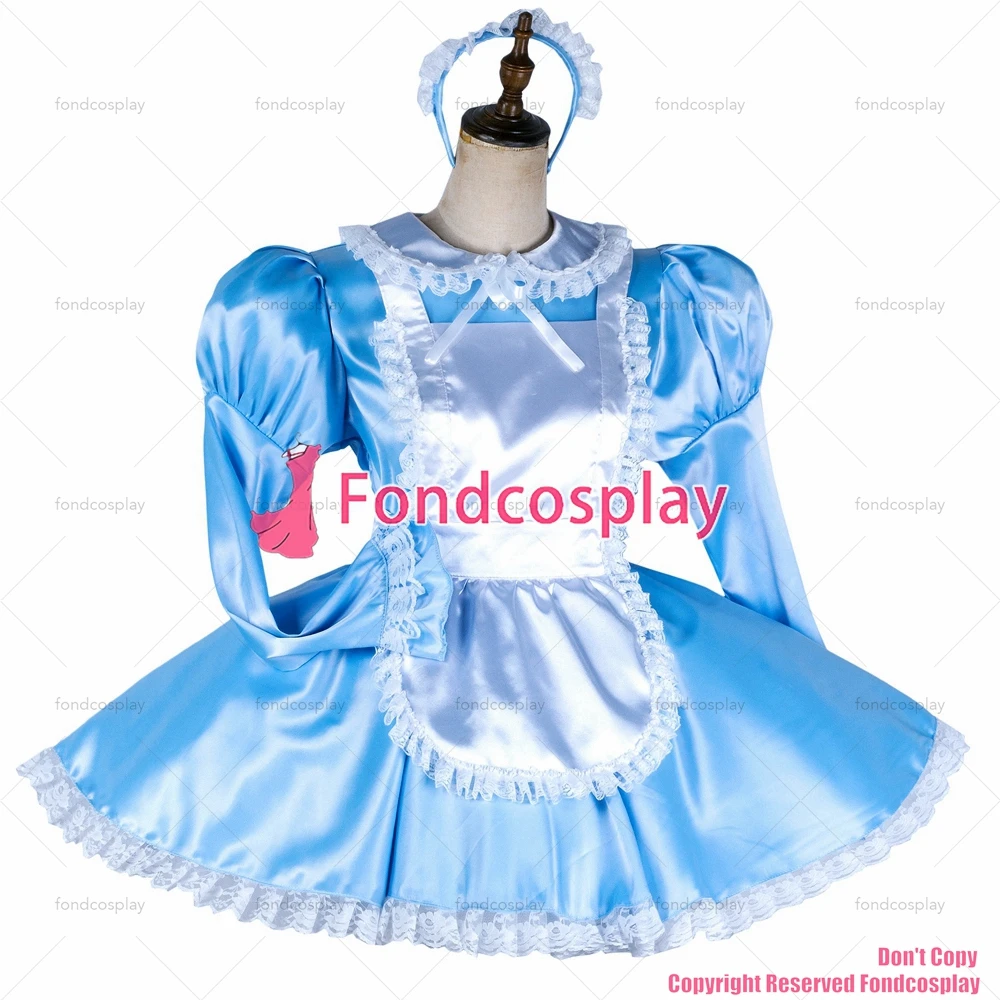 Fondcosplay erwachsene sexy kreuz dressing sissy maid baby blue satin kleid abschließbare weiß schürze Peter Pan kragen CD/TV[G2037]