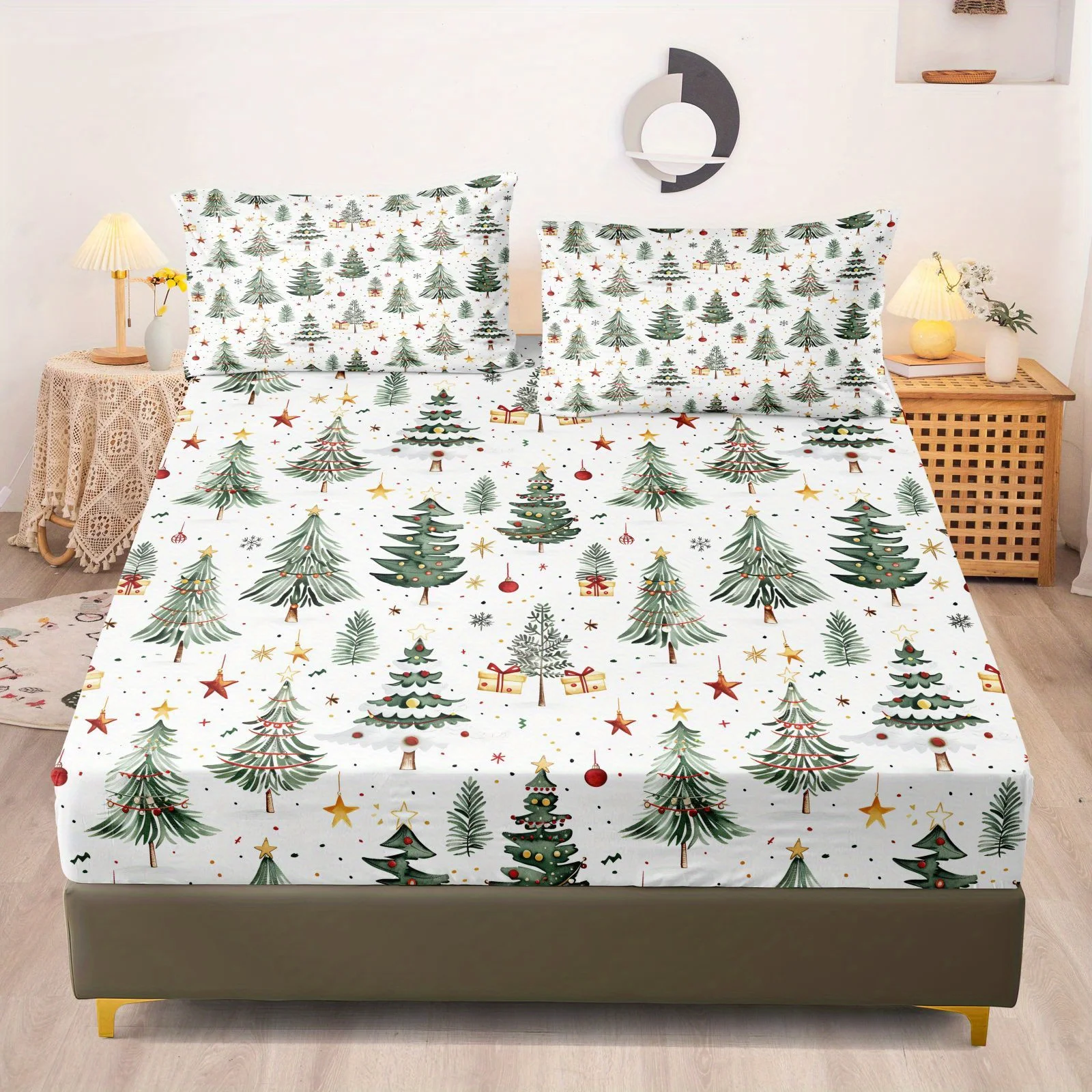 3pcs 85G July Chemical Fiber Polyester Christmas Tree Flashing Digital Bed Sheet Set, Soft, Comfortable, Bed, Eight Sizes