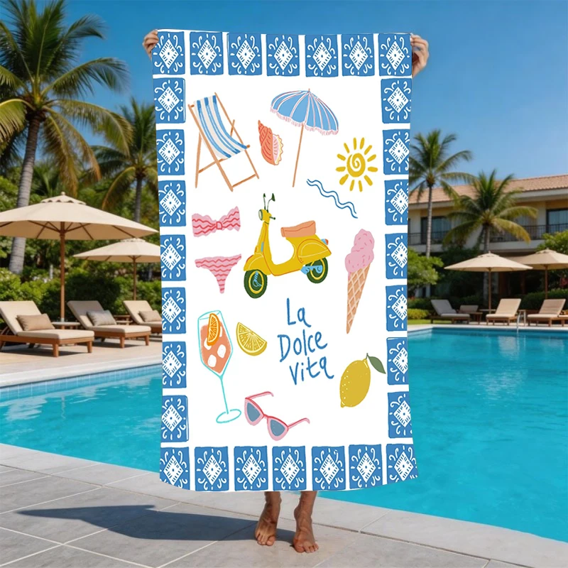 Blue Tile Border La Dolce Vita Scooter Cocktail Ice Cream Graphic Microfiber Quick Dry Italian Summer Vacation Beach Towel