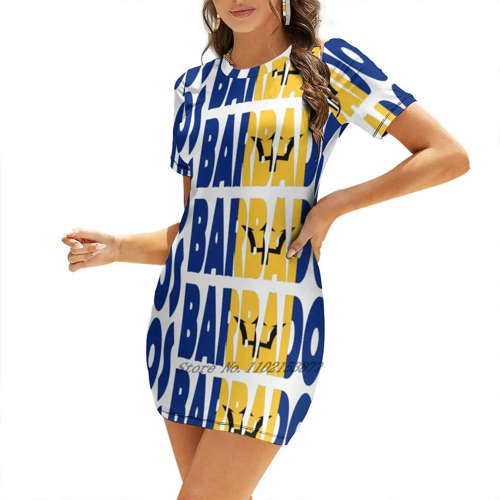 Barbados-Kleid mit lockeren Taschen, Sommer, sexy Kleid mit V-Ausschnitt, bedrucktes Kurzarmkleid, Barbados-Flagge, Name, Welt, Amerikas, Buchstaben-Logo