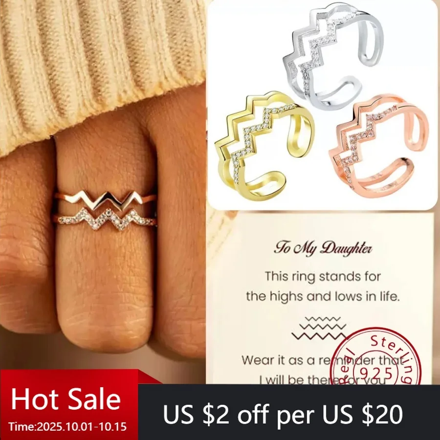 

S925 Sterling Silver Double-Layer Heart Lightning Design Diamond-Studded Ring for Women - Fashionable, Unique, European Style