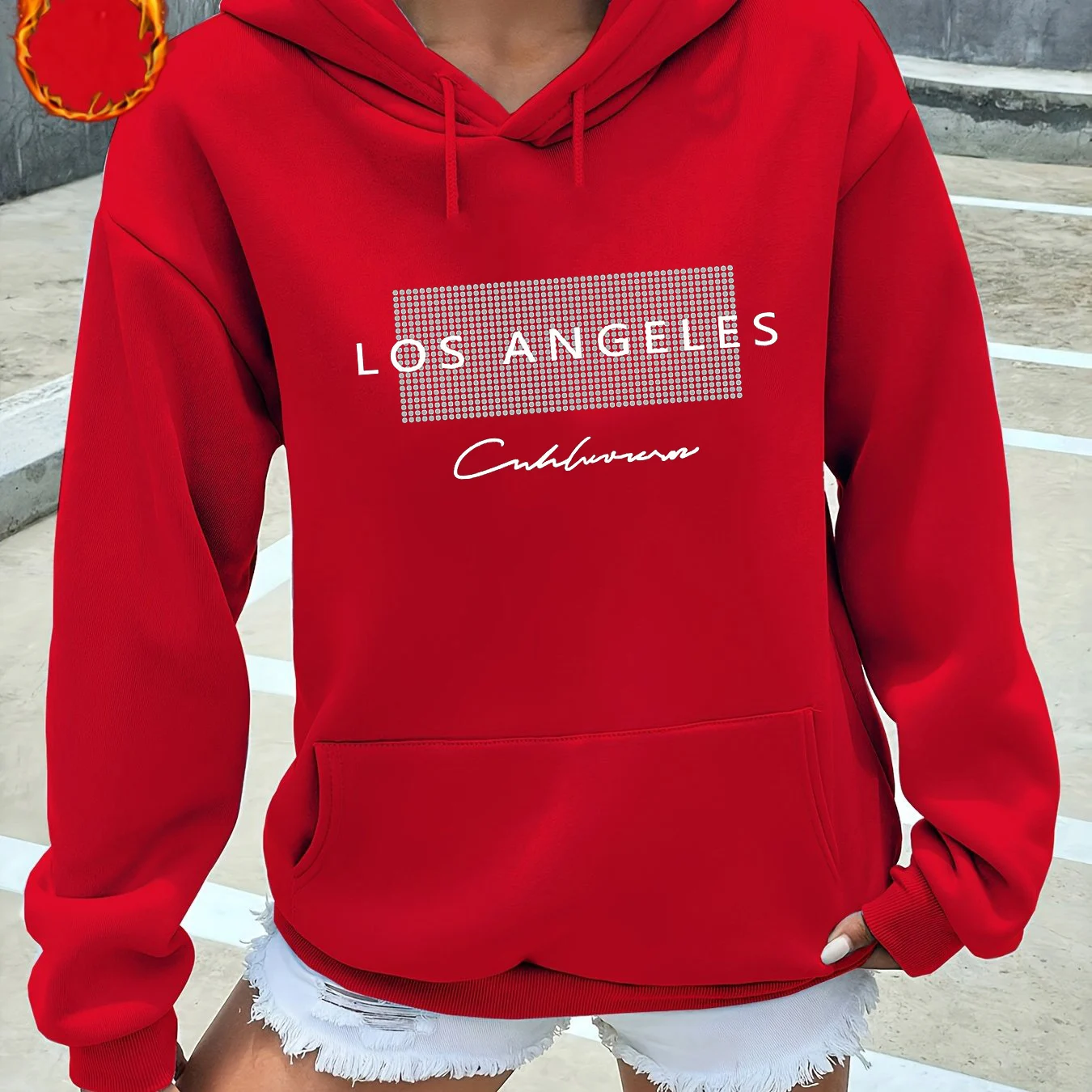 Women's autumn and winter warm and loose casual Los Angeles letter pattern printed suede long sleeved hooded sweatshirt