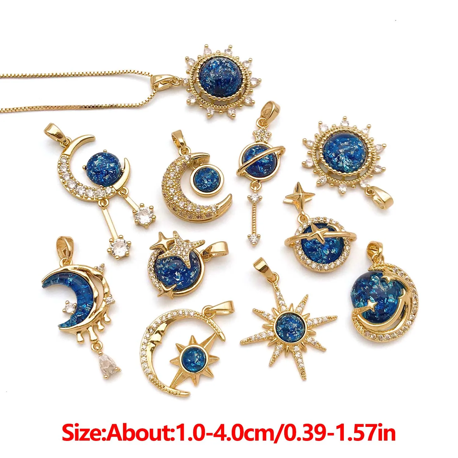 1pc 18K Real Gold Plated Brass Blue Starry Sky Charms Stars, Moon, Sun Pendants for DIY Jewelry Making Accessories