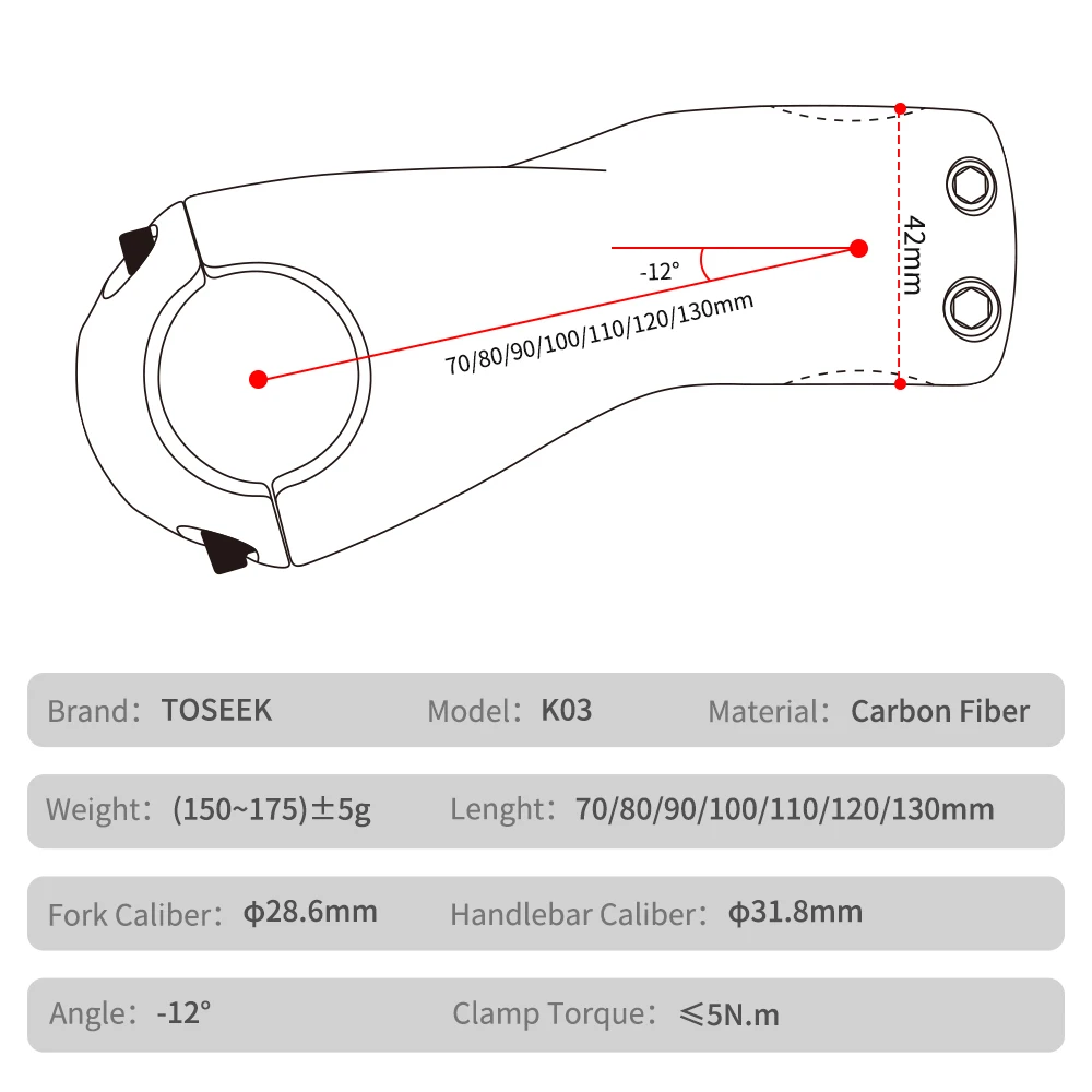 TOSEEK K03 Carbon Vorbau 12 Grad Mountainbike Vorbau 31,8mm Fahrrad Lenker Vorbauten 100/110/120/130mm Schwarz Matt Fahrrad Teil – Detail 3