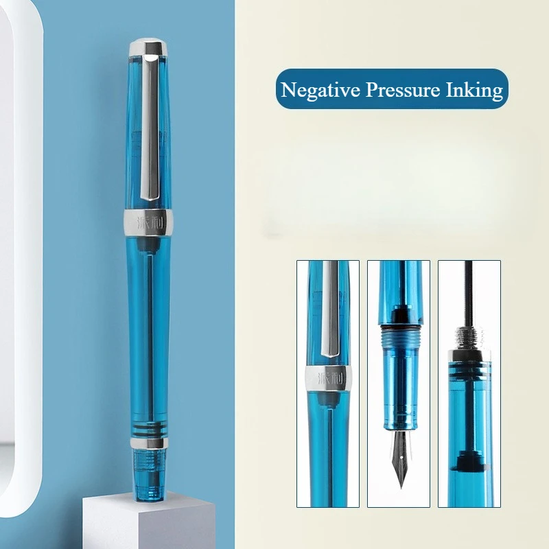 junlai-wingsung-acrylic-piston-fountain-pen-negative-pressure-inking-blue-transparent-038ef-05f-pens-anniversary-stationery