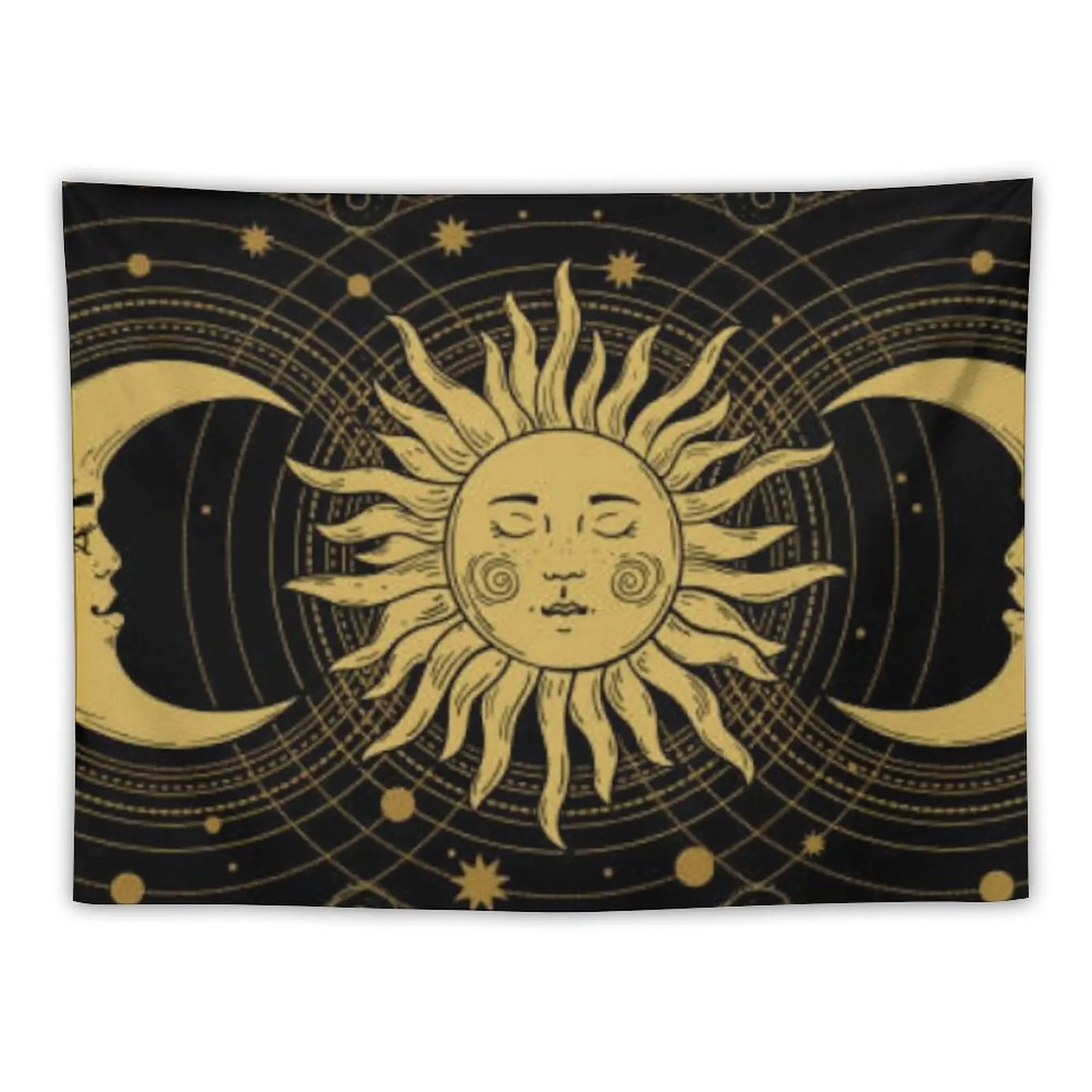 

Vintage Celestial Tarot Golden Sun with Two Crescent Moons Tapestry Things To The Room Wall Carpet Aesthetic Room Decorations