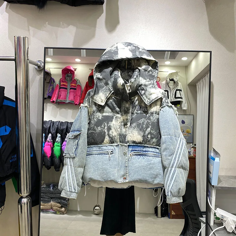 

2025 Winter New Cowboy Splicing Down Jacket Detachable Hat Versatile Blended Color Contrasting White Duck Down Warm Coat