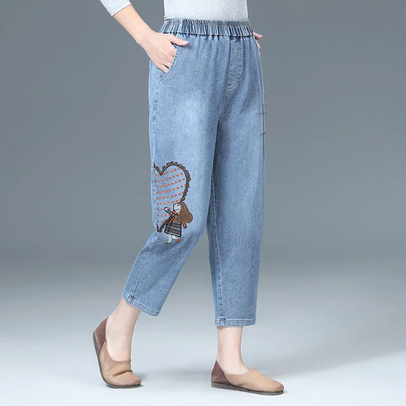 

2022 Harem Pants Women's Jeans Vintage Embroidery Korean Fashion Capris Pants Ladies Streetwear Casual Denim Trousers