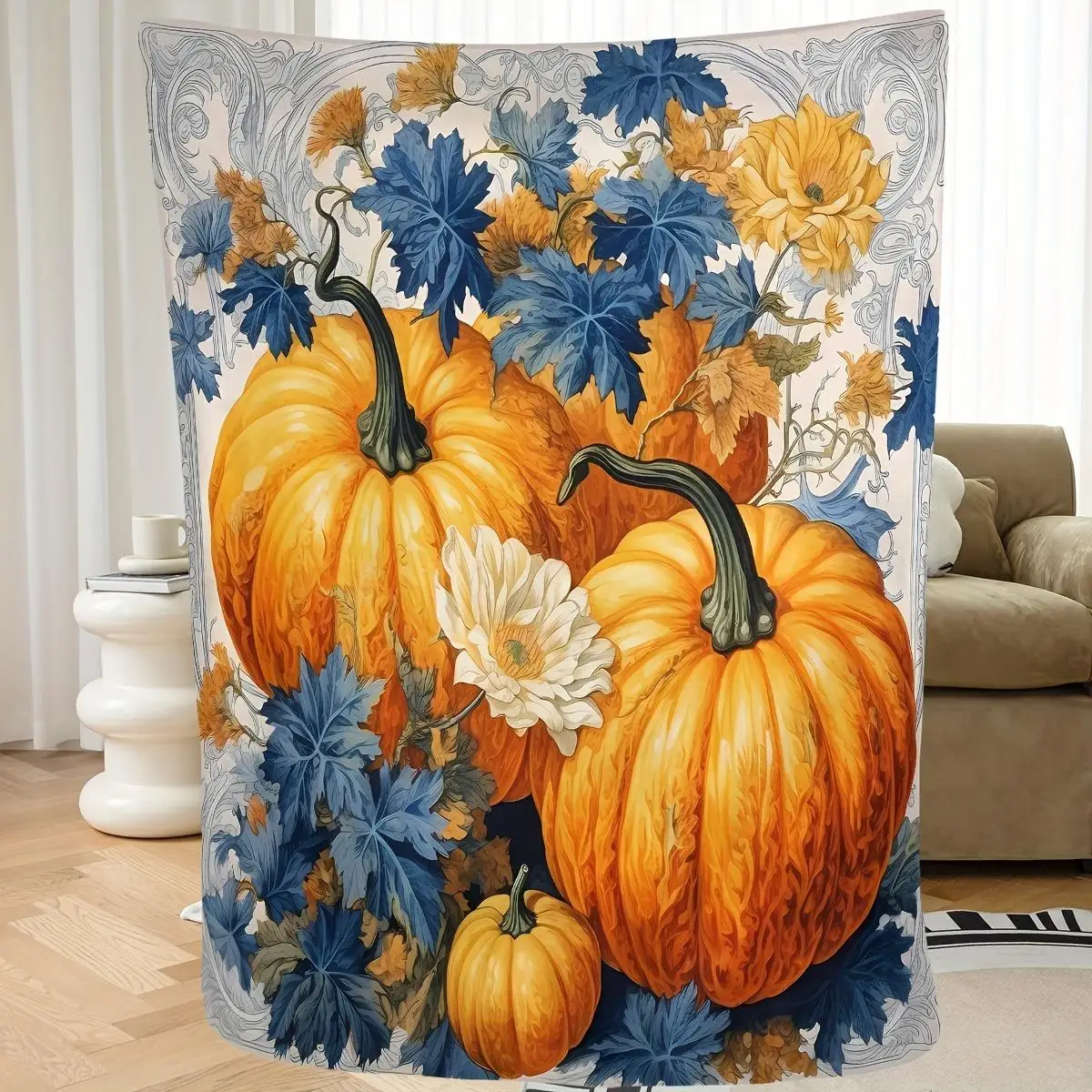 1pc Pumpkin, sunflower and maple leaf pattern blanket, polyester fabric, machine washable, suitable for bedroom and living room