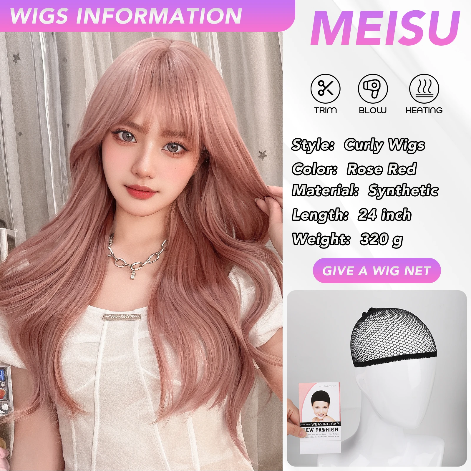 MEISU-pelucas rizadas de fibra sintética para mujer, flequillo de aire, color rosa y marrón, resistente al calor, fiesta Natural o Selfie, 24