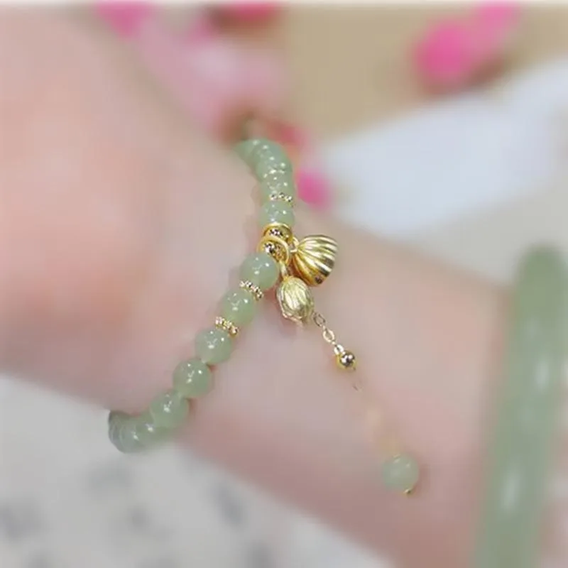 6MM Single Ring Lotus Pendant Green White Hand String Natural Small Fresh Ornaments Hetian Jade Bracelet Women Birthday Gift
