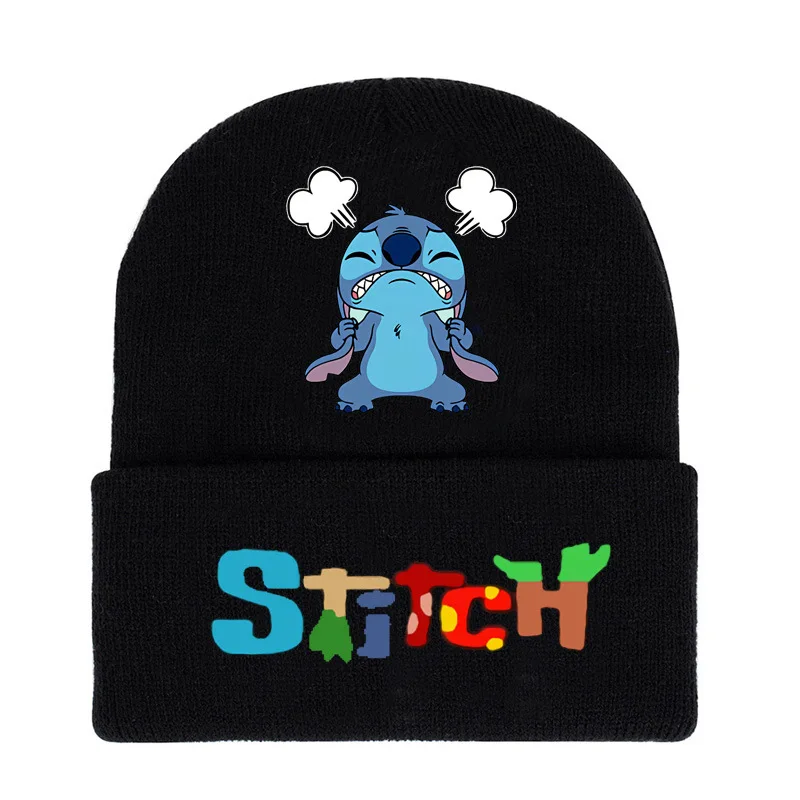 Disney-gorro de punto de Lilo y Stitch para niños, guantes cálidos de rejilla negra, gorro, figura de Anime, tocado de dibujos animados, decoración,