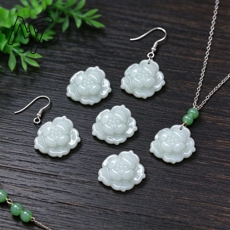 5Pcs Natural A Grade Jadeite Lotus Flower Charms Hand Carved Jade Flower Beads DIY Necklace Bracelet Jewelry Making Accessories