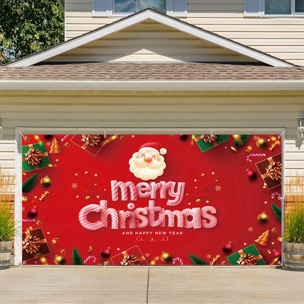 Merry Christmas Red Garage Door Cover Backdrop Xmas Tree Winter Snowman Santa Claus Outdoor Large Garage Door Background Decor