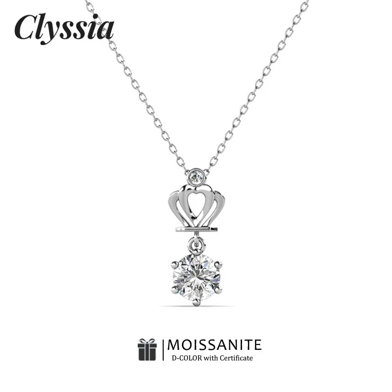 

CLYSSIA Moissanite Jewelry 925 Sterling Silver 18K White Gold Plated Fine Elegant Crown Pendant Necklaces for Women Gift