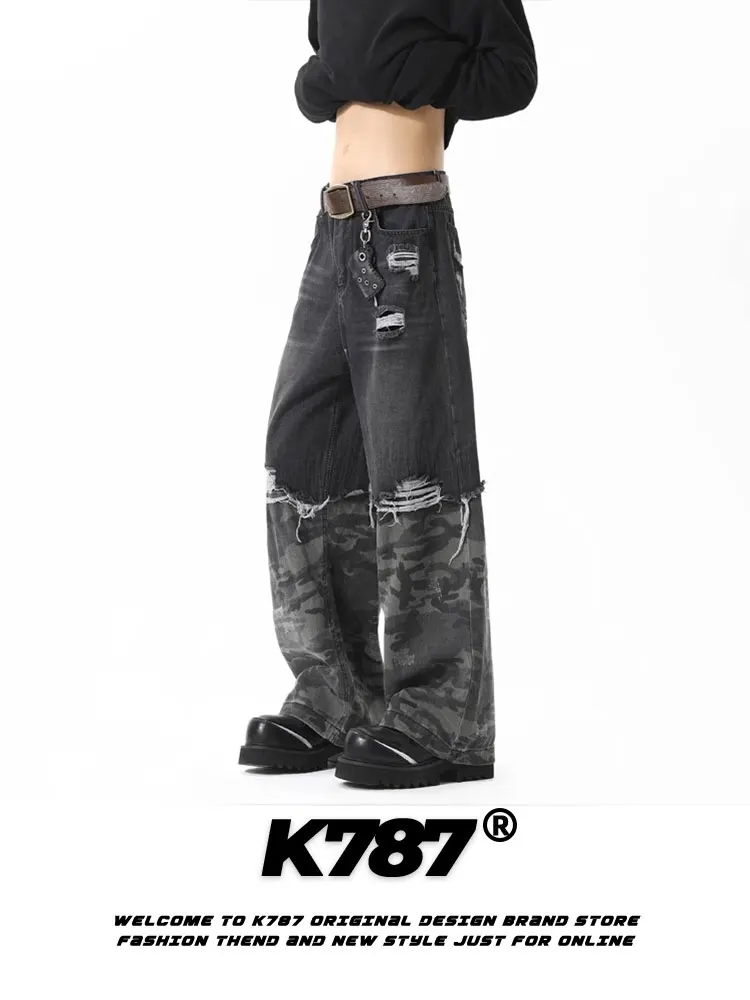 

Мужские джинсы K787 в американском стиле хип-хоп с камуфляжными вставками, повседневные, с высокой талией, прямые, не требуют глажки, для весны и лета