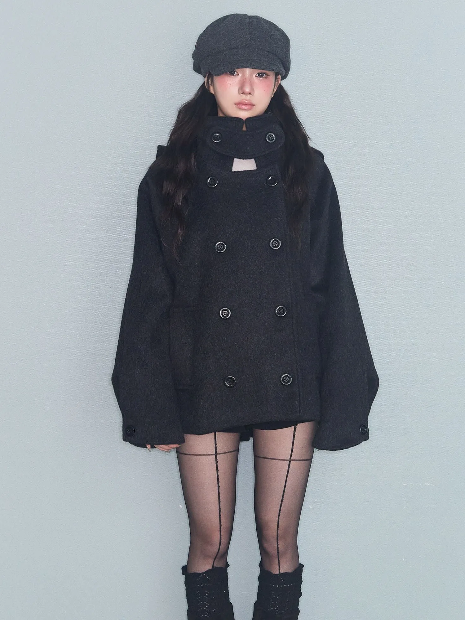 East Gate INS Retro Style Japanese College Wind Coat Hat Double Row Button Woolen Coat Women's Fashion Spring Autumn Winter