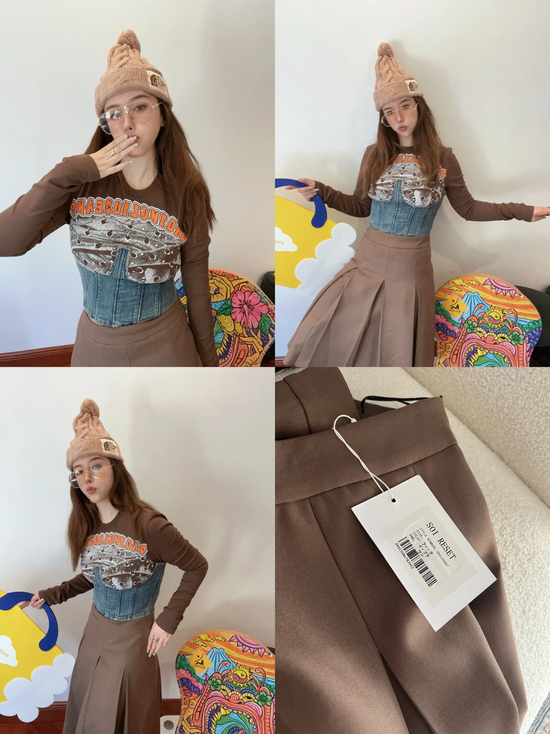 

SOI Tobacco Brown Woolen Pleated Skirt Suit Elegant Fashionable Women's Skirt Polyester Wool Blend Inner Lined