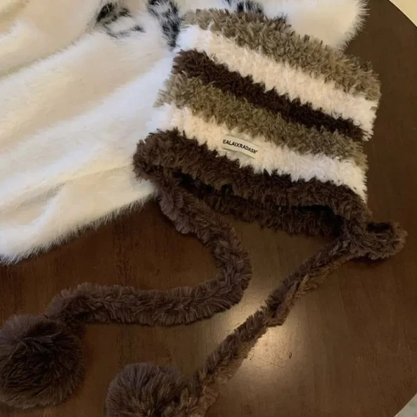 

Fashion Korean Y2K Stripes Hats Harajuku Cat Ear Women Plush Hats Outdoor Casual Winter Fluffy Hat Lady