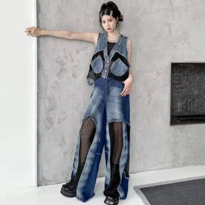 

HUISONG Fashion Casual Two-Piece Set for Women Spring Summer New Mesh Patchwork Denim Vest High-Waist Jeans Spring Autumn 2025