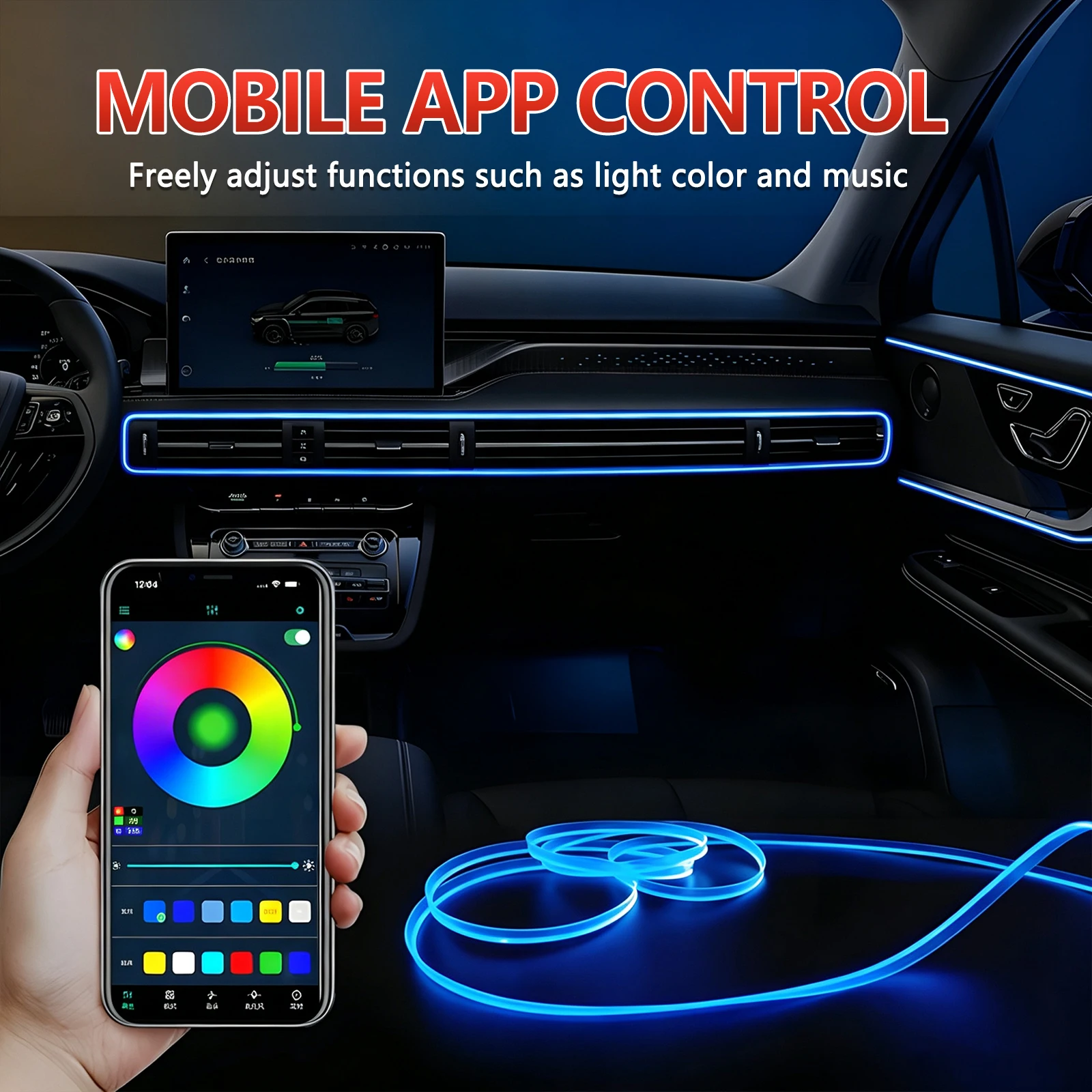 3m/4m/8m Auto-Ambientebeleuchtung LED-Innenraumleiste USB mit RGB 16 Millionen Farben Glasfaser-Neon-Dekorationslampe – Detail 6