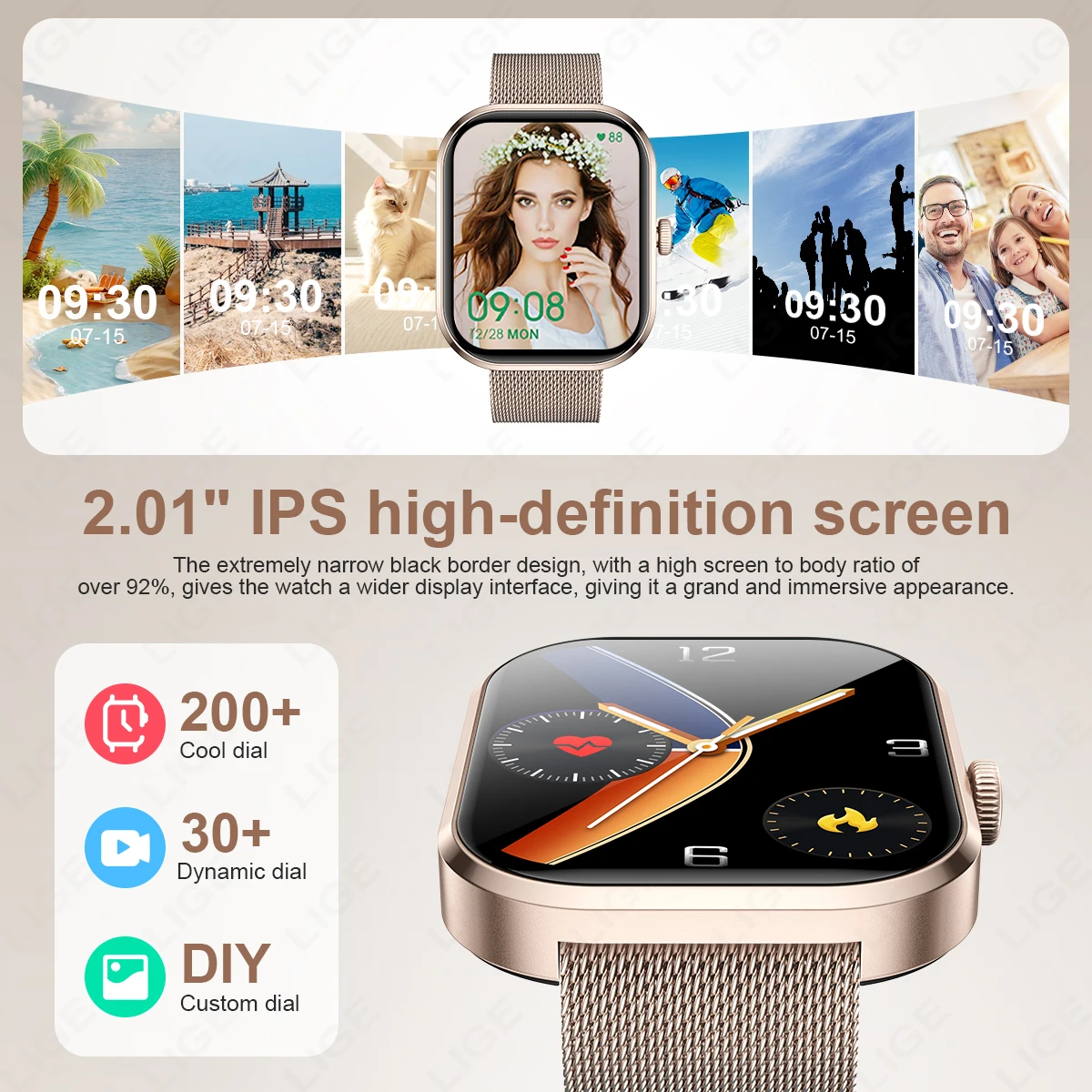 LIGE 2.01” HD Screen Custom Watch Face Smart Watch Women Waterproof Sport Ladies Watches BT Call Health Monitor Women Smartwatch