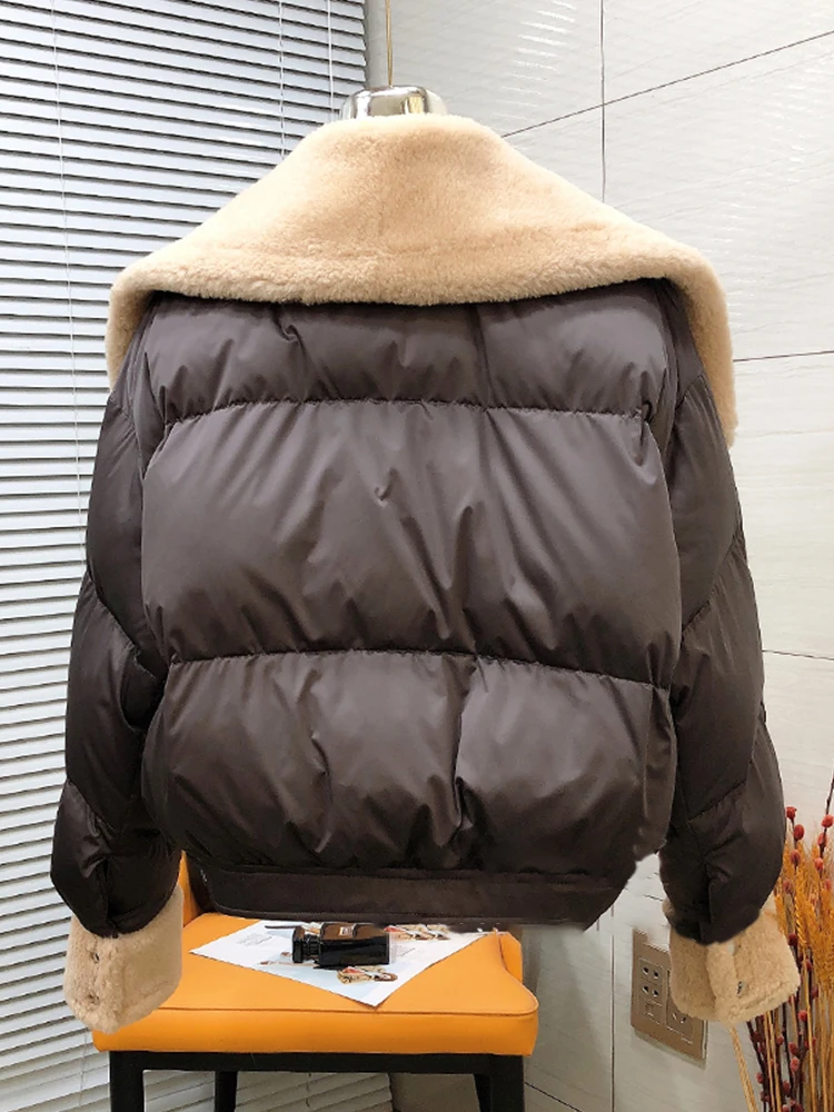 2025 Cappotto invernale da donna caldo Piumino d'oca spesso Vera grande giacca con collo in pelliccia di pecora merino Donna Streetwear