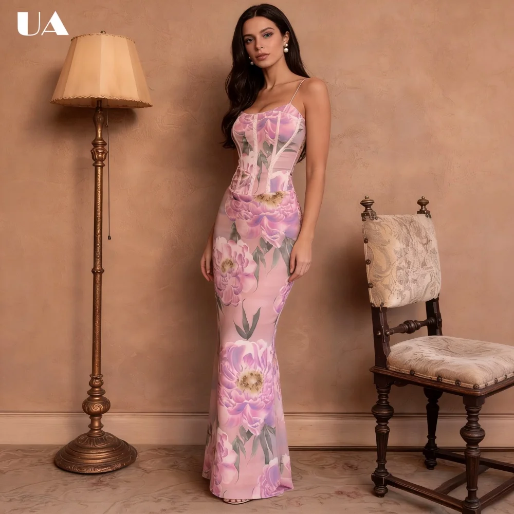 

Fashionable Printed Mermaid Prom Dress with Spaghetti Strap, Trendy Scoop Neck Long Dress for Woman, Elegant Zipped Party Dress