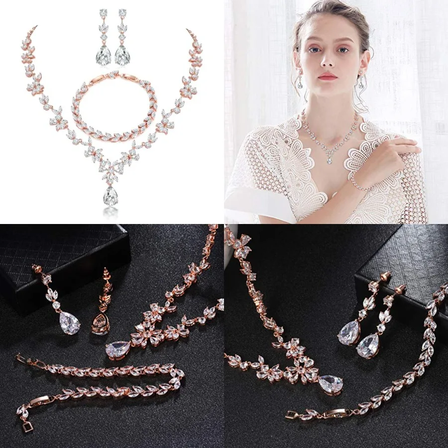 

Jewelry Set for Women, Necklace Dangle Earrings Bracelet Set with White AAA Cubic Zirconia, Allergy Free Wedding Party Jewelry