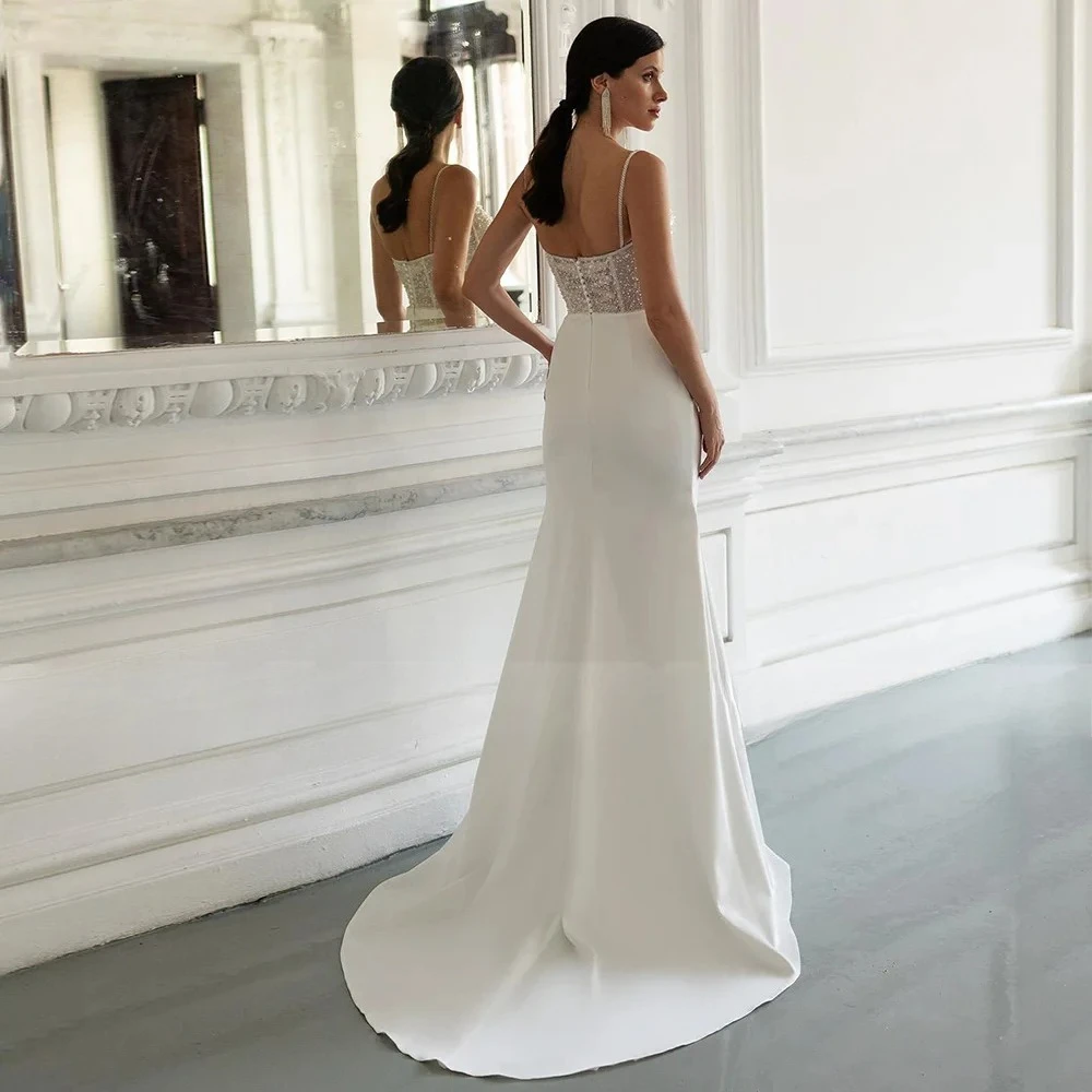 Luxury Mermaid Wedding Dresses Spaghetti Straps Beaded Corset Bodice High Slit Satin Bridal Gown For Civil Courthouse Wedding