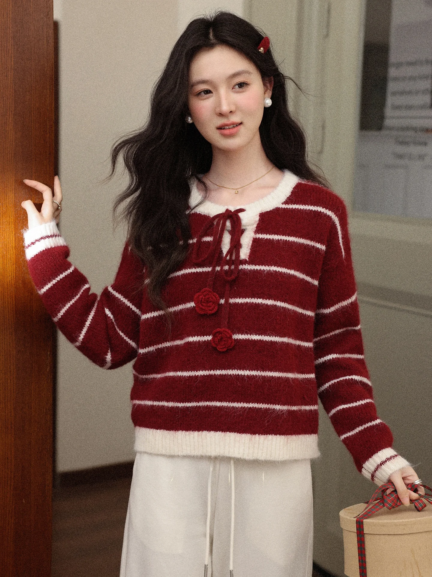 

Red Striped Sweater Women's Outerwear Faionable Ele Sle Winter Long Sve round Ne Casual Loose Fit Online Exclusive