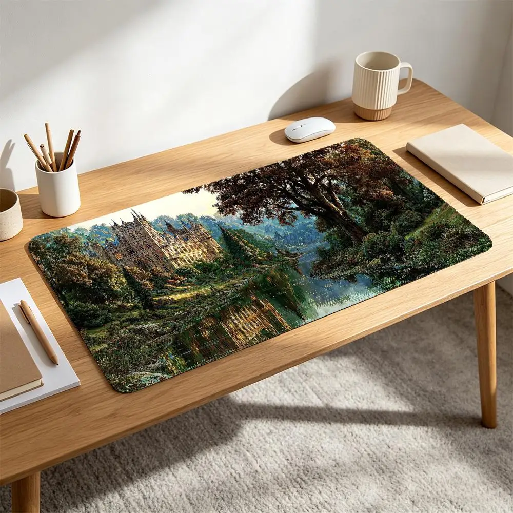 European Gothic Castle LakeForest Landscape Large Gaming Mouse Pad River Reflection alfombrillas para escritorio tapis de souris