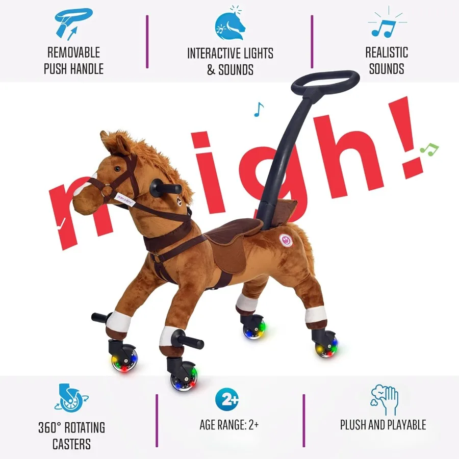 Passeio de brinquedo para 2 + crianças - Power Ponies Push Pull Kids Ride On Horse para crianças com alça removível controlada por pais