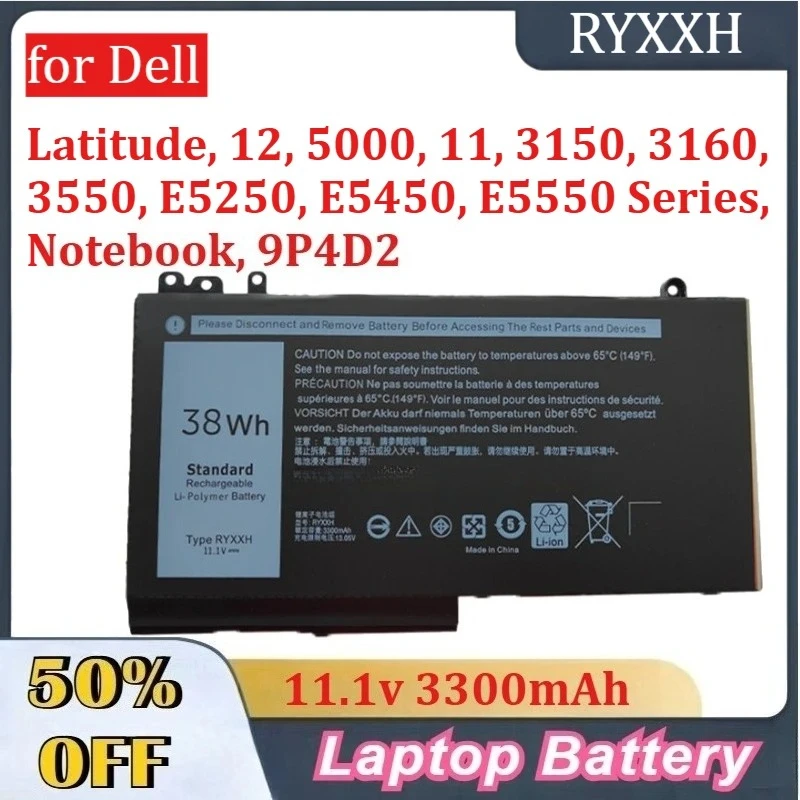 3300mAh 11.1V RYXXH Bateria for Dell Latitude, 12, 5000, 11, 3150, 3160, 3550, E5250, E5450, E5550 Series, Notebook, 9P4D2
