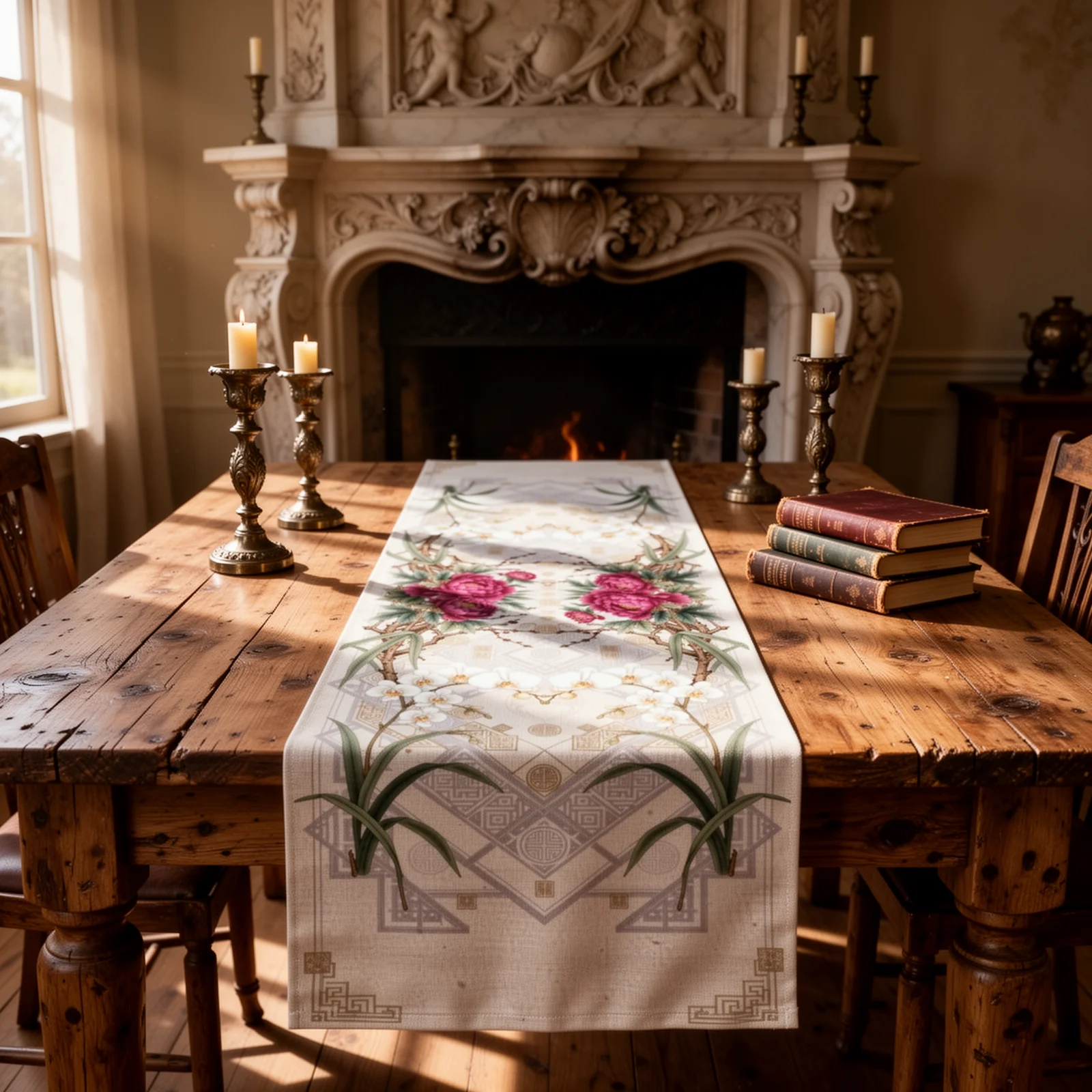 Chinese Style Flower Table Runner 13x72 Inch Linen Farmhouse Decor Easy Clean Ironable Elegant Dining Decor for 4-6 Seats Long