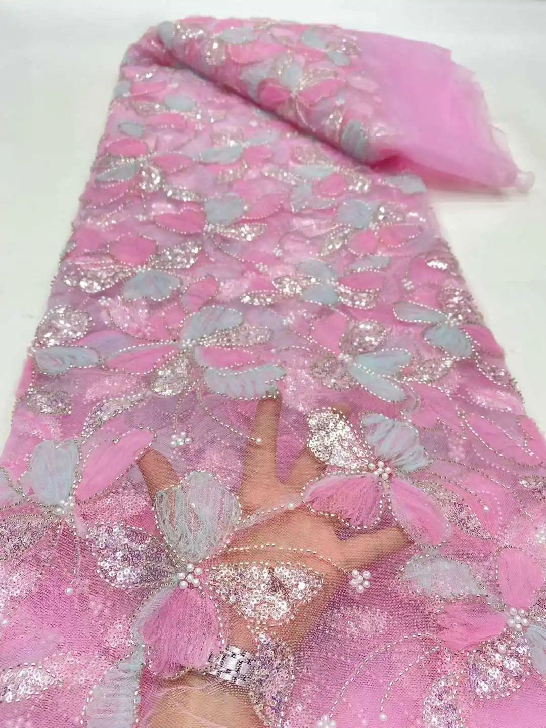 أفضل نوعية الدانتيل الشبكي الأنيق مع الخرز الترتر نسيج تول التطريز لخياطة فستان الزفاف #6