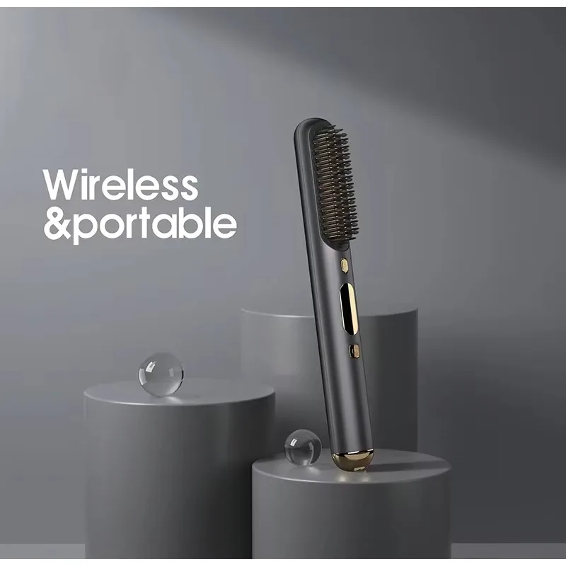 200℃ Thermal Comb Digital Display Mini Rechargeable Hair Straightener Brush with LCD Display