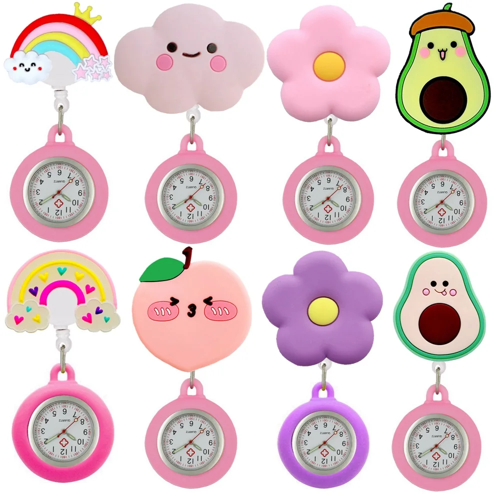 Hospital Retractable Nurse Doctor Cartoon Flowers Fruits Cloud Rainbow Smile Clock Clip Hang Medical Badge Reel Pocket Watches