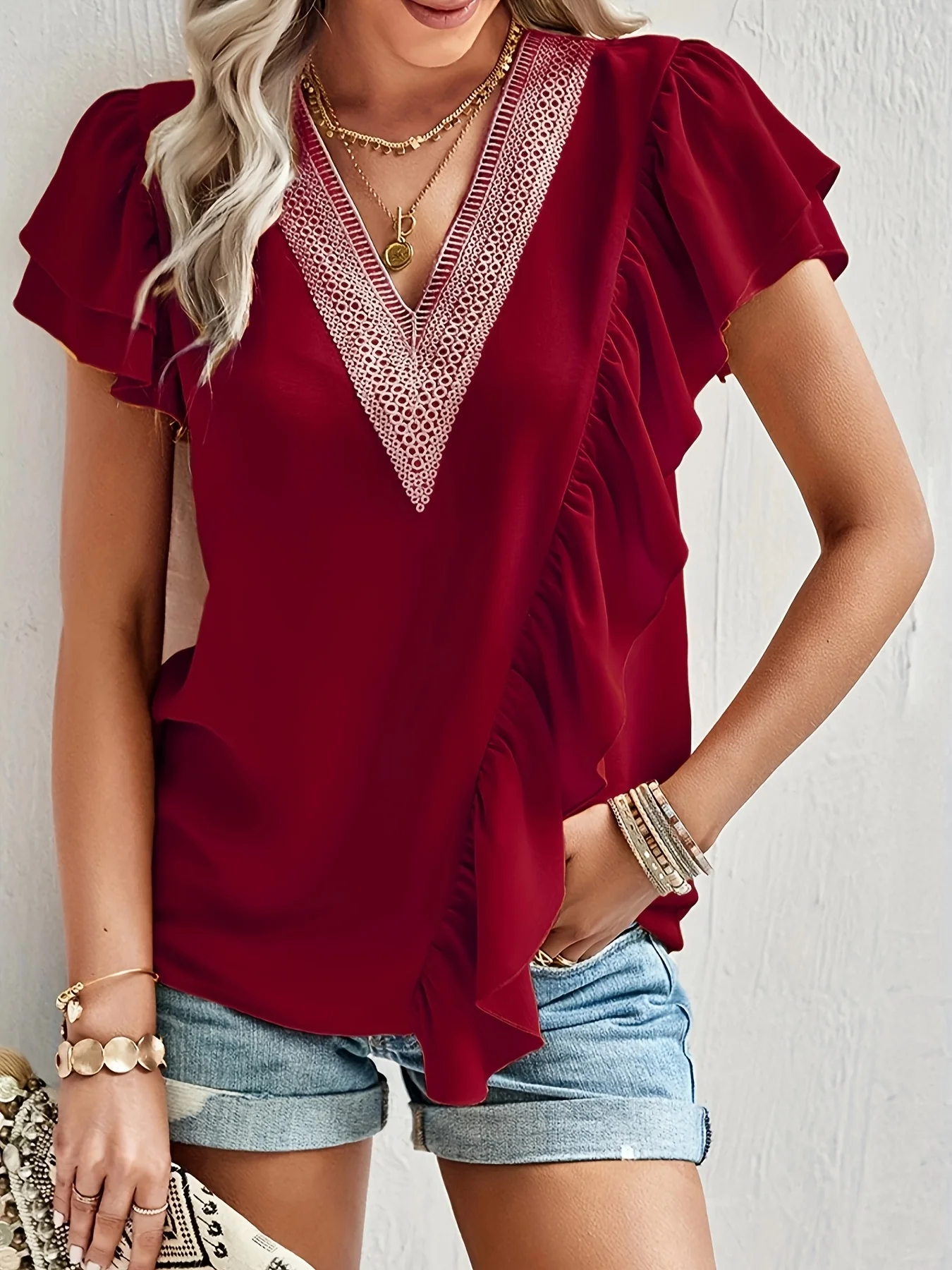 

Красная женская тканая однотонная повседневная рубашка большого размера на весну и лето Красная