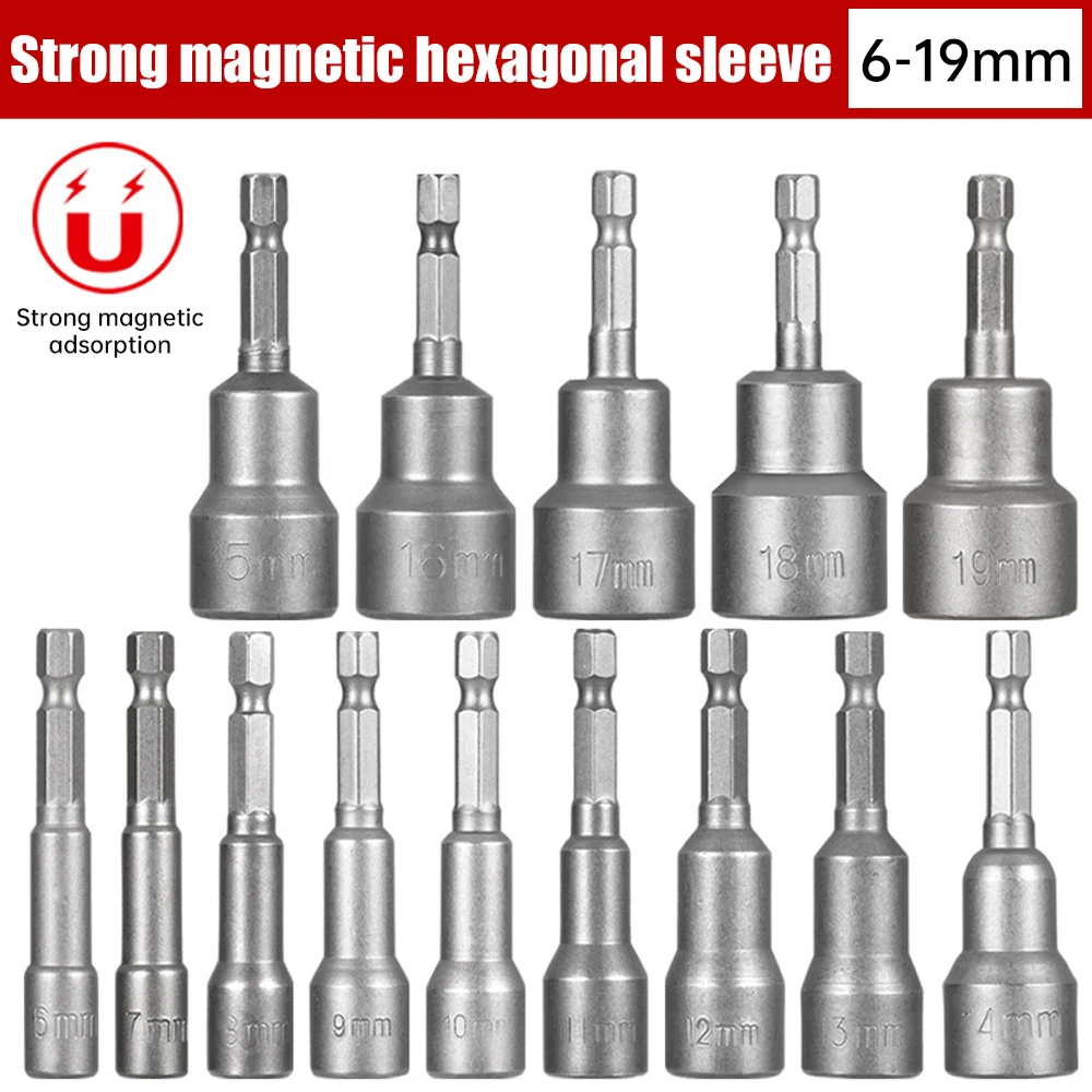 6mm-19mm Magnetic Impact Socket Nut Screwdriver 1/4 Hex Key Set Drill Bit Adapter for Power Drills Impact Drivers Socket Kit