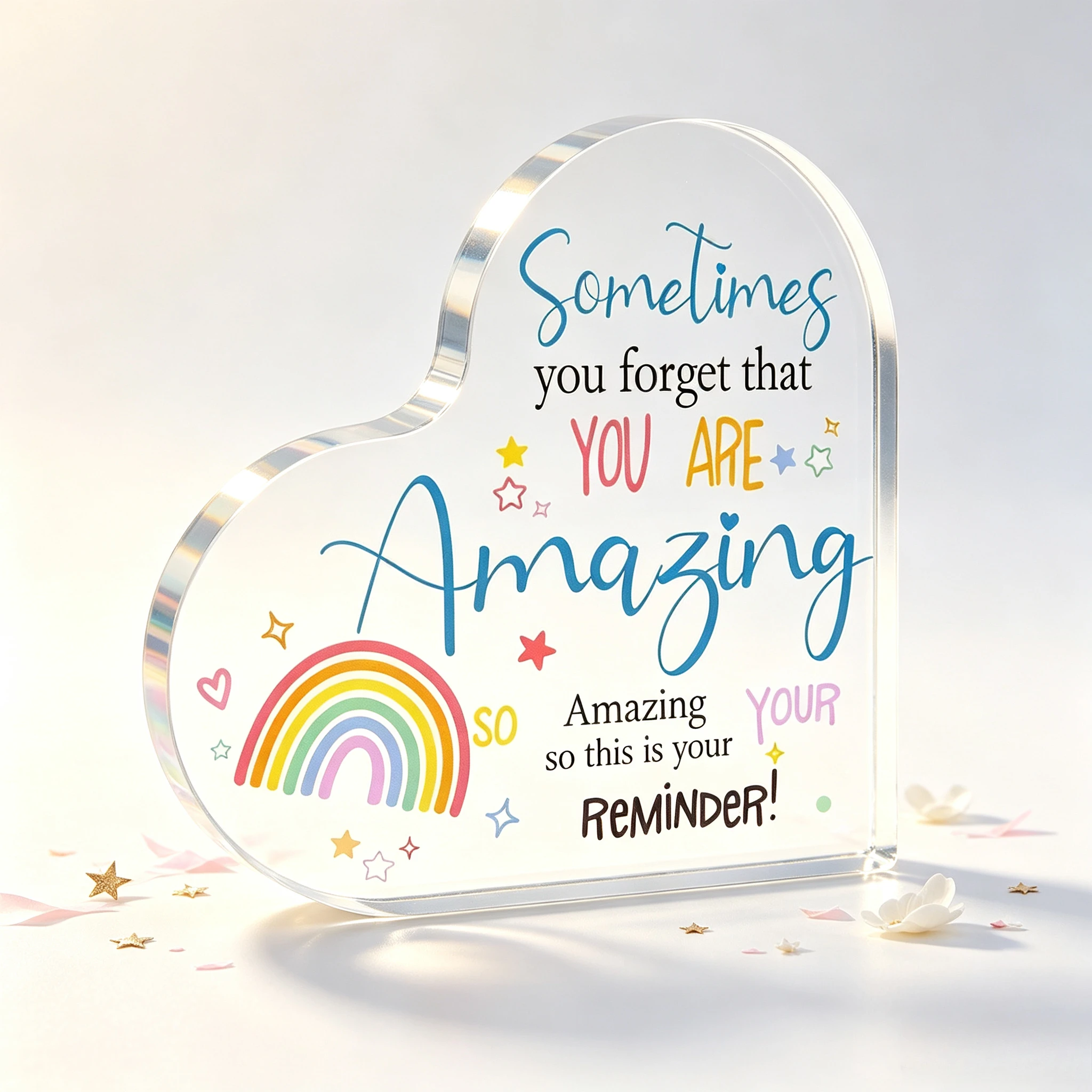 Sometimes You Forget That You Are Amazing Heart‑Shaped Acrylic Plaque Rainbow Star Desk Decor Colorful Rainbow Star Heart Acrylic Stand, Positive Affirmation Inspirational Keepsake Gift