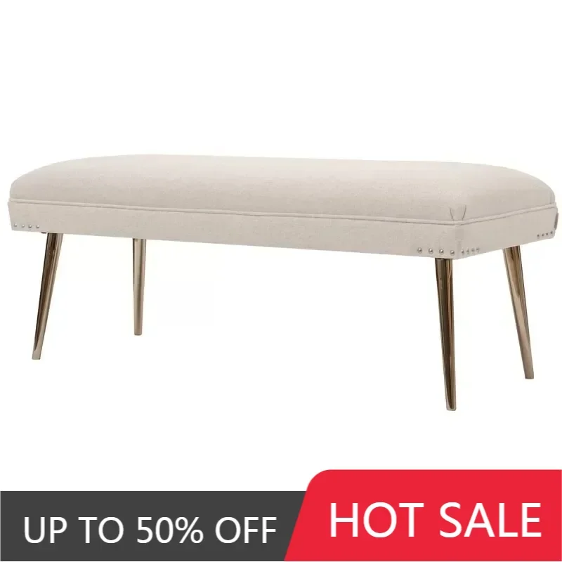 Simple Modern Luxury Fabric Bench Rivet Trim Detail Brass Finish Metal Legs Ottoman Bench For Entryway Living Room Home Decor
