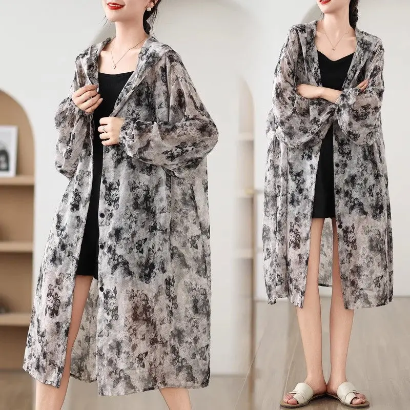 

Women's Big Size Chiffon Shirt Hooded Long Sleeve Spring Autumn Light Luxury High-End Thin Blouse Jacket Top Stylish Casual G178