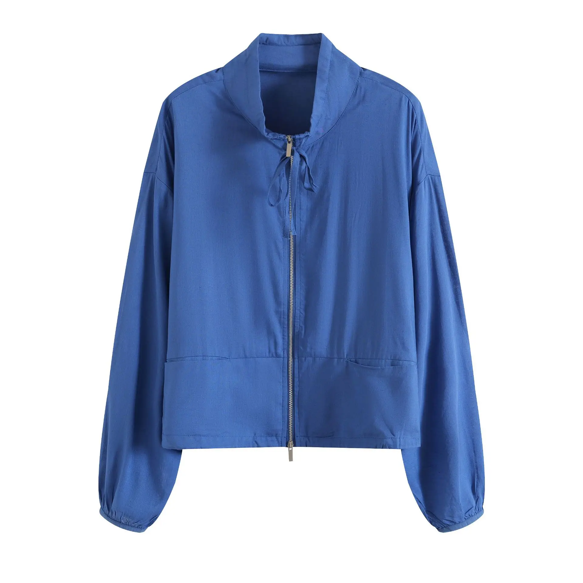 Maxdutti Blue Zipper Jacket 2026 Summer New French Casual Drawstring Stand Up Collar Loose Women's Top