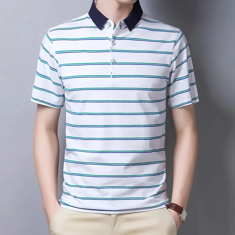 2023 New Fashion Men Striped Shirt Shorts Sleeve Casual Summer Polo Shirt Cotton Polos Para Hombre Tops Male Tee Shirts Brand