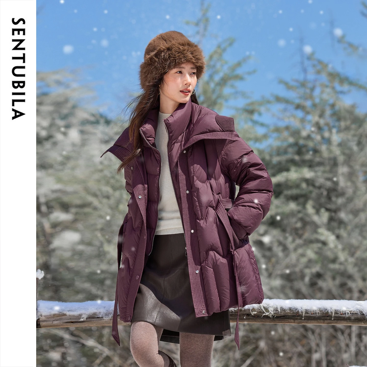 SENTUBILA Women's Winter Down Jacket 2026 New Mid‑Length Fake Two‑Piece White Duck Down Warm Daily Commuter Outerwear W64YA8076