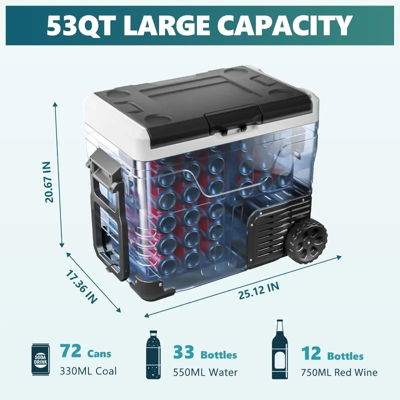 12 Volt Refrigerator, 53QT(50L) Electric Cooler, Portable Freezer 12V/24V DC 110-240V AC, 12V Fridge -4℉~68℉